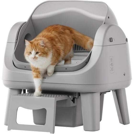 AgreeWin Open Top Self Cleaning Cat Litter Box, Automatic Litter Box with 7 Pairs of Safety Sensors, Anti-Pinch Protection and Easy Access Step for Senior Cats, Dark Grey