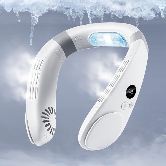 AgreeWin Cooling Neck Fan, 2-in-1 Neck Air Conditioner Portable Rechargeable, Wearable Personal Fan, 4400mAh Large Battery, Ergonomic Design, White
