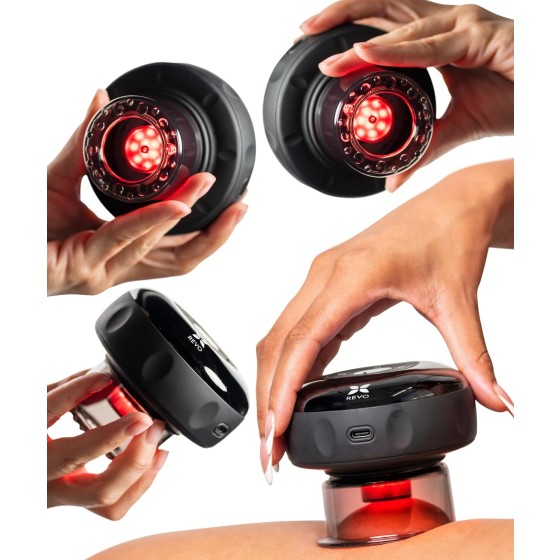 REVO The Original 4-in-1 Smart Cupping Therapy Massager, Red Light Therapy for Targeted Pain Relief, Knots, Aches, Muscle Soreness, Circulation & Tighter Skin, Portable Cupping Kit (Four Pack)