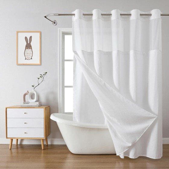 yuxjie White No Hook Waffle Weave Shower Curtain with snap-in Liner Replacement, 230GSM Waterproof Fabric Hotel Shower Curtain Set for Bathroom, Through Mesh Top Window,71Wx74H