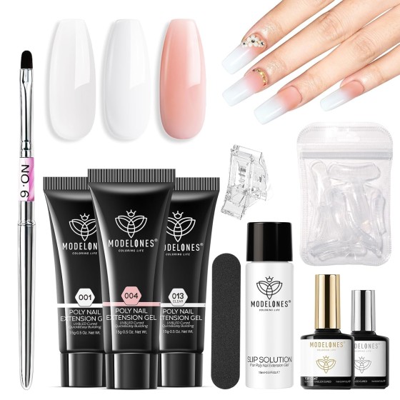 ucdaohang Poly Gel Nail Kit 3 Colors Clear White Apricot with Slip Solution Dual Nail Forms Top Base Coat Extension Builder Gel Polygel Toenail Kit DIY Nail Art Salon Use